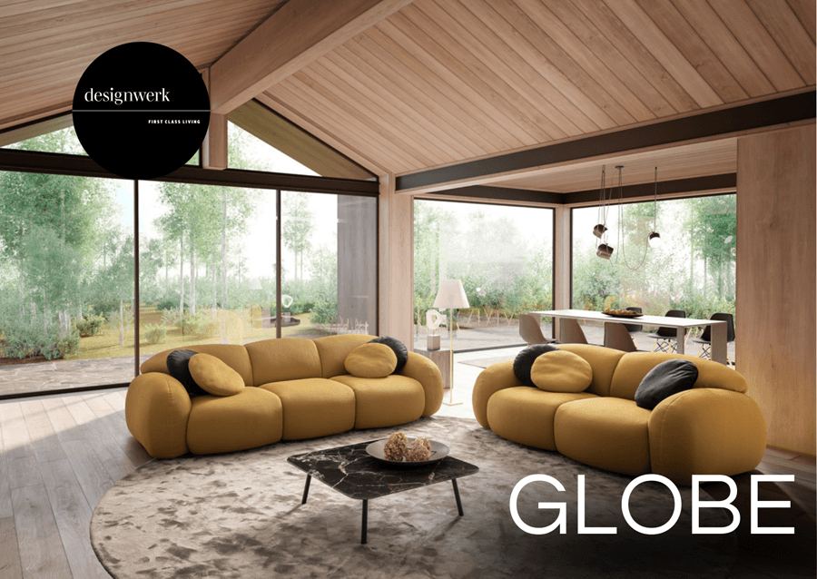 gelbe Couch in wolkenform und Aufschrift "Globe"